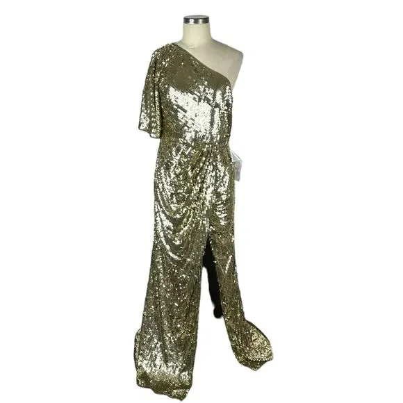 MAC DUGGAL 93540 One Shoulder Flutter Sleeve Gold Sequin Gown Women's Size 10 - Picture 2 of 9